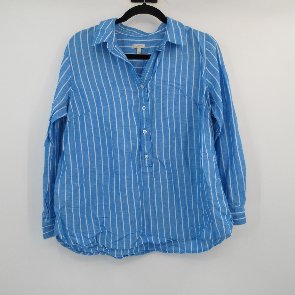 Talbots Woman Blue White Striped Linen Blend Popover Shirt Blouse Size X